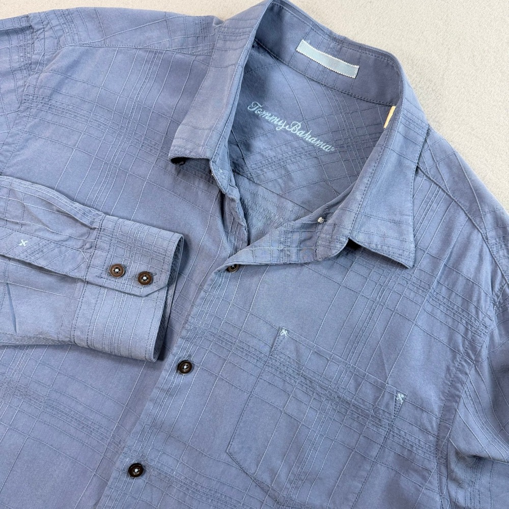 Tommy Bahama Blue Textured 100% Silk Button Down Sz L Nautical Resortwear Grid - Picture 10 of 10